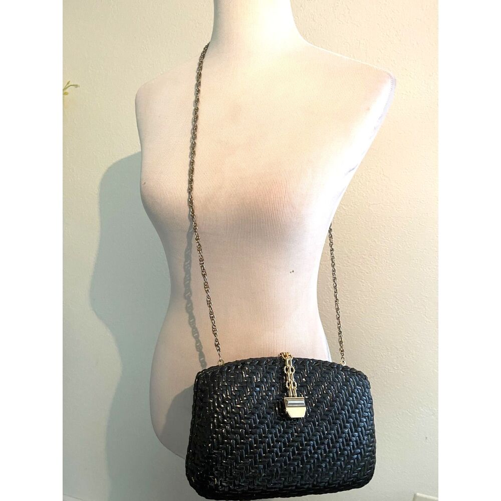 Vintage RODO Italian Handbag Purse Black Wicker Basket w/Gold Chain & Clasp 1960